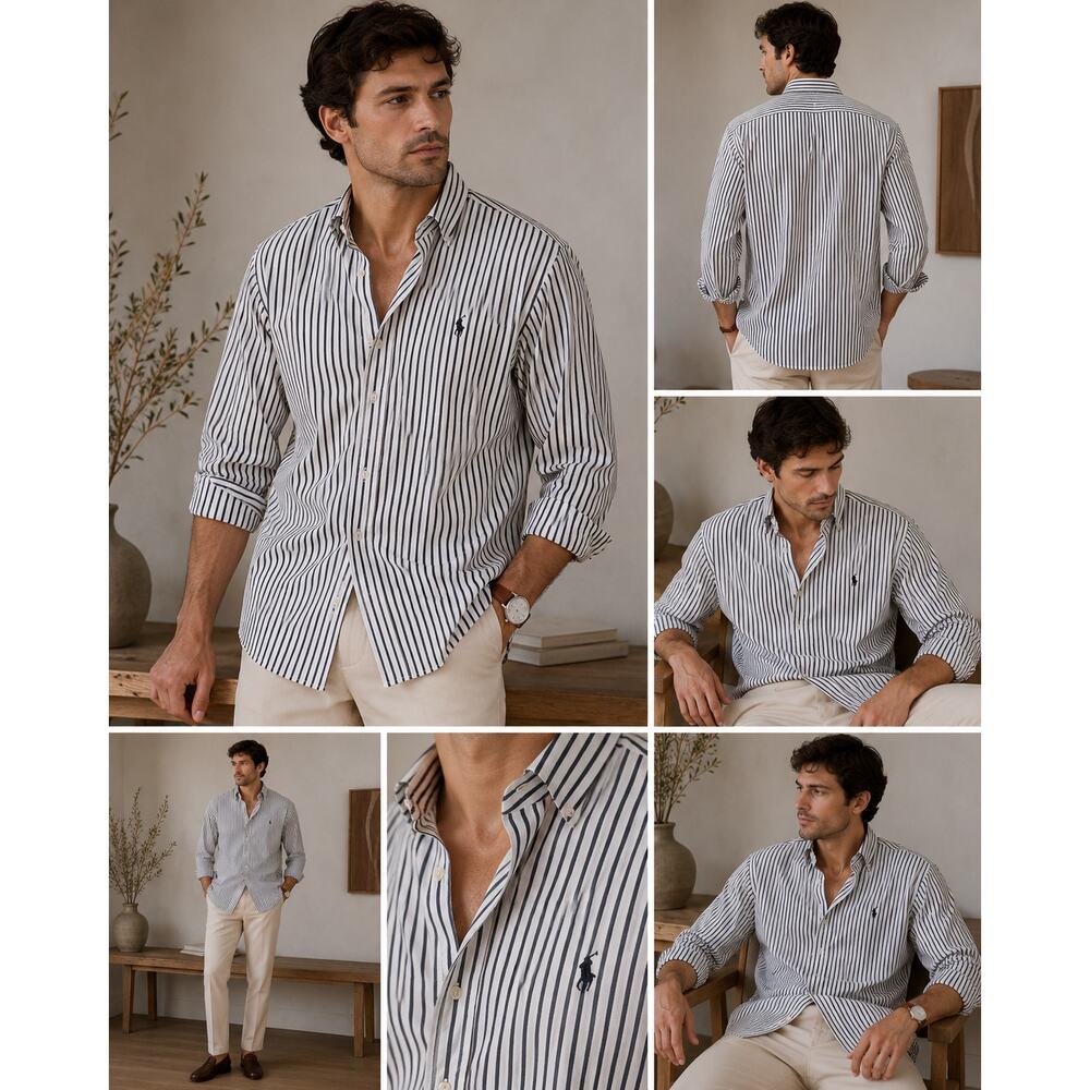 Vintage Ralph Lauren Polo Golf Striped Logo Button Up Mens M Preppy Coastal